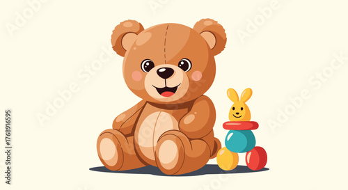 Happy cartoon teddy bear sitting on the floor next to a vibrant bunny stacking toy, symbolizing childhood and play.