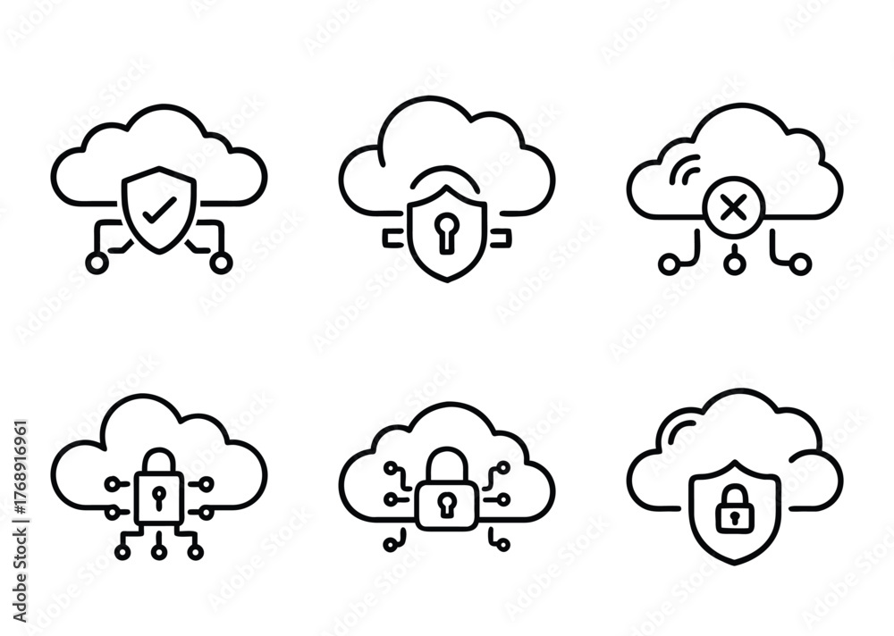 Fototapeta premium Cloud computing security icons set representing secure and vulnerable systems