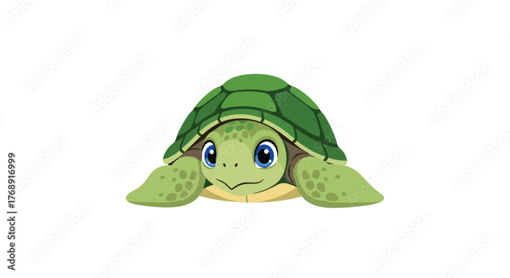 Fototapeta premium A charming illustration of a happy and cute baby cartoon turtle with a vibrant green shell and large, expressive blue eyes.