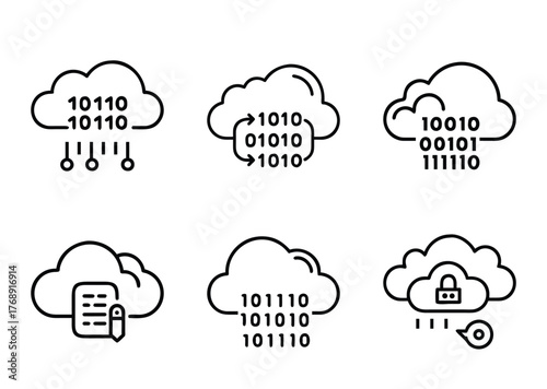 Cloud based data and information technology and security concept simple icons