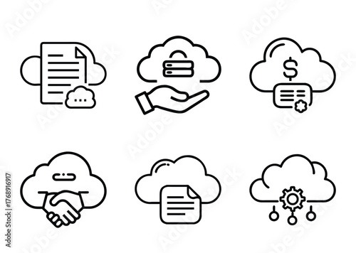 Cloud computing and data management with multiple icons illustrating associated functions