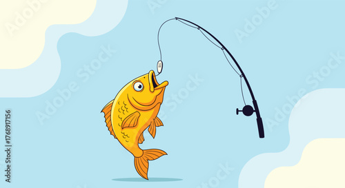 A cartoon golden fish leaps from the water with its mouth open, aiming to catch a worm bait suspended from a fishing rod.