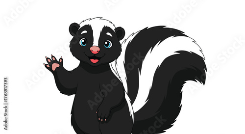 Cute cartoon skunk character with black and white fur, blue eyes, and a pink nose, waving a paw and smiling at the viewer.