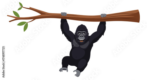 A happy cartoon gorilla with a big smile hangs playfully from a sturdy tree branch with green leaves, showcasing its strength and agility.