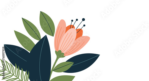 Stylized floral corner illustration featuring peach-colored flowers and lush green and dark teal leaves on a clean white background, perfect for decorative use.