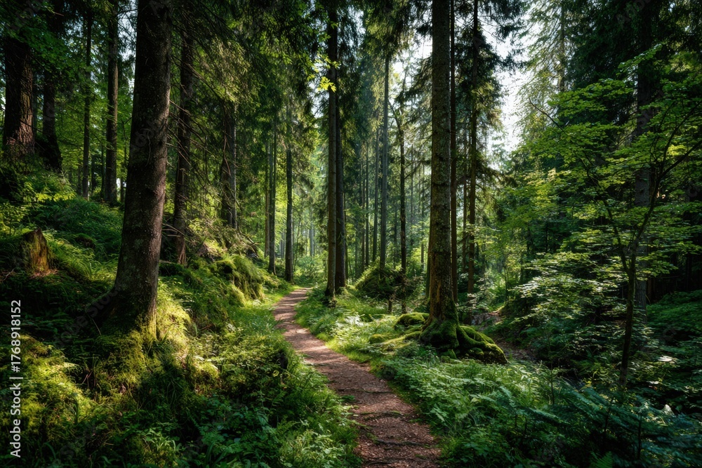 Obraz premium Forest pathway winding through tall trees with dappled sunlight filtering through canopy creating peaceful woodland environment. Nature conservation outdoor wellness and environmental preservation.