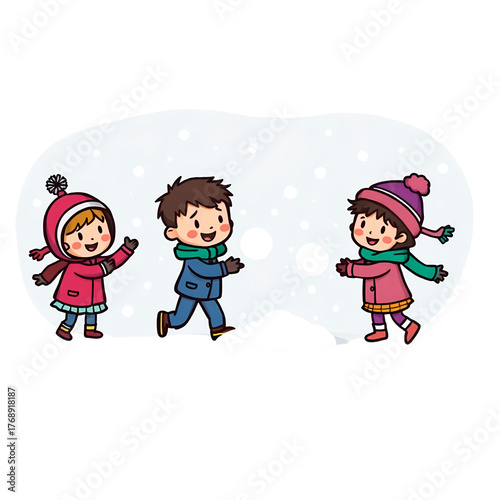 Happy Children Playing Snow Fight in Winter Illustration