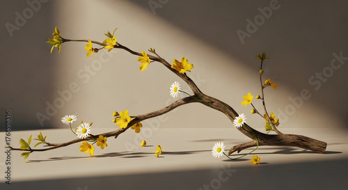 spring tree branches with blossoms and autumn leaves