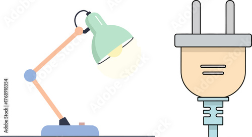 A bright adjustable desk lamp with a power plug symbolizing electricity and illumination for study or work