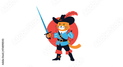 A charming cartoon illustration features a brave cat in a black feathered hat and blue uniform, wielding a sword, ready for adventure.