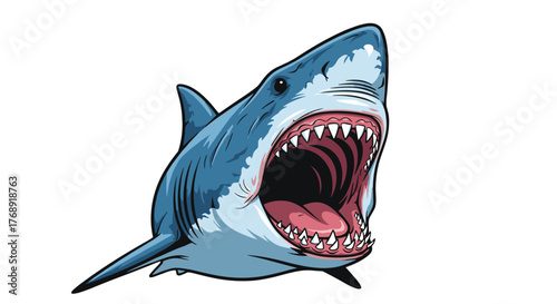 Aggressive cartoon great white shark with its mouth wide open, displaying sharp teeth and a powerful jaw, ready for action.