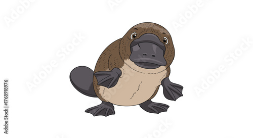Cute cartoon platypus with its distinctive duck-bill, webbed feet, and paddle-like tail stands on a white background.