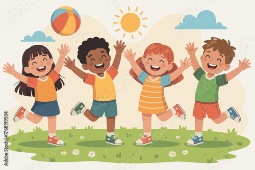 Diverse group of happy children playing together outdoors in a sunny park — multicultural kids enjoying summer fun activities with ball and jump rope in cheerful cartoon vector illustration.