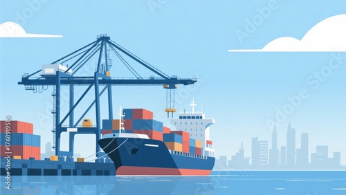 Container ship at port with crane
