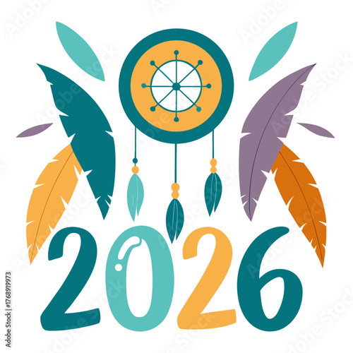 Bohemian dreamcatcher with 2026 year numbers and feathers