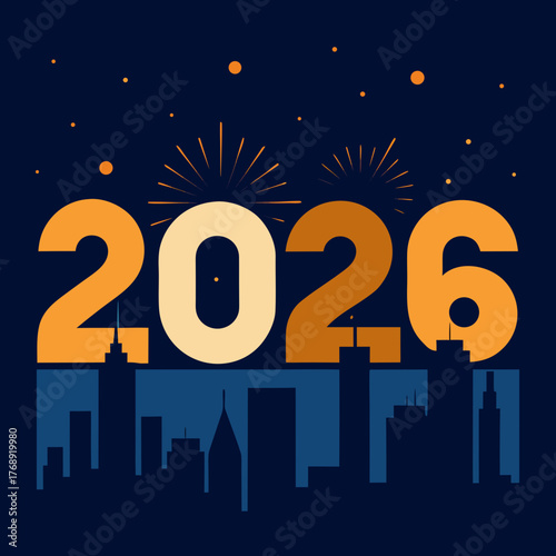 Happy new year 2026 with city skyline and fireworks