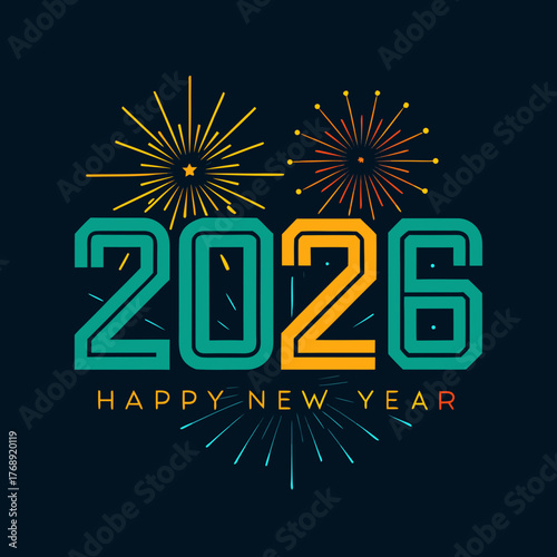 Happy new year 2026 with fireworks and festive colors