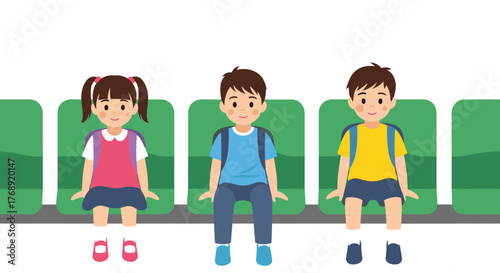 Three happy young students with backpacks sit side by side on green seats, ready for a school trip or daily commute.