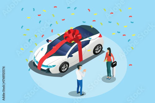 The salesman hands over the keys to a new car to the young woman at the dealership. Win a car in the lottery. Vector isometric illustration.