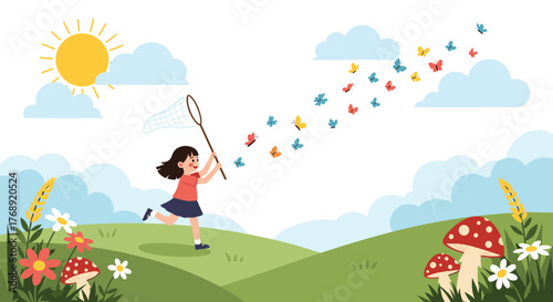 A happy little girl runs through a sunny green field, chasing colorful butterflies with a net.