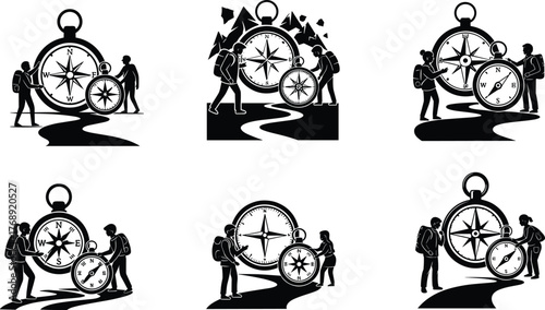 Black and white illustration of people with backpacks exploring compass, navigation, teamwork, decision making, guidance, direction, travel, exploration, journey
