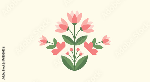 Stylized folk art floral arrangement featuring pink and coral blooms with green foliage on a light cream background, designed symmetrically.