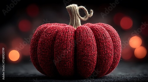 Knitted Red Pumpkin with Twirled Stem on Dark Surface with Bokeh Background Autumnal Decor
