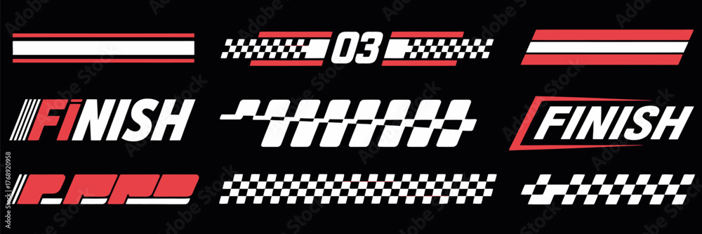Fototapeta premium Racing cars and speed stripe vector set featuring checkered flags, dynamic lines, and sport decals