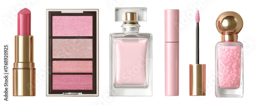 Elegant Pink Cosmetic Collection with Lipstick, Eyeshadow, and Perfume Bottles