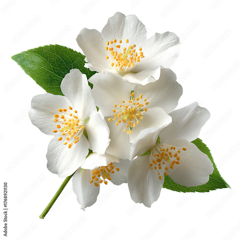 Obraz premium Beautiful jasmine blossoms with vibrant yellow stamens and green leaves on transparent background