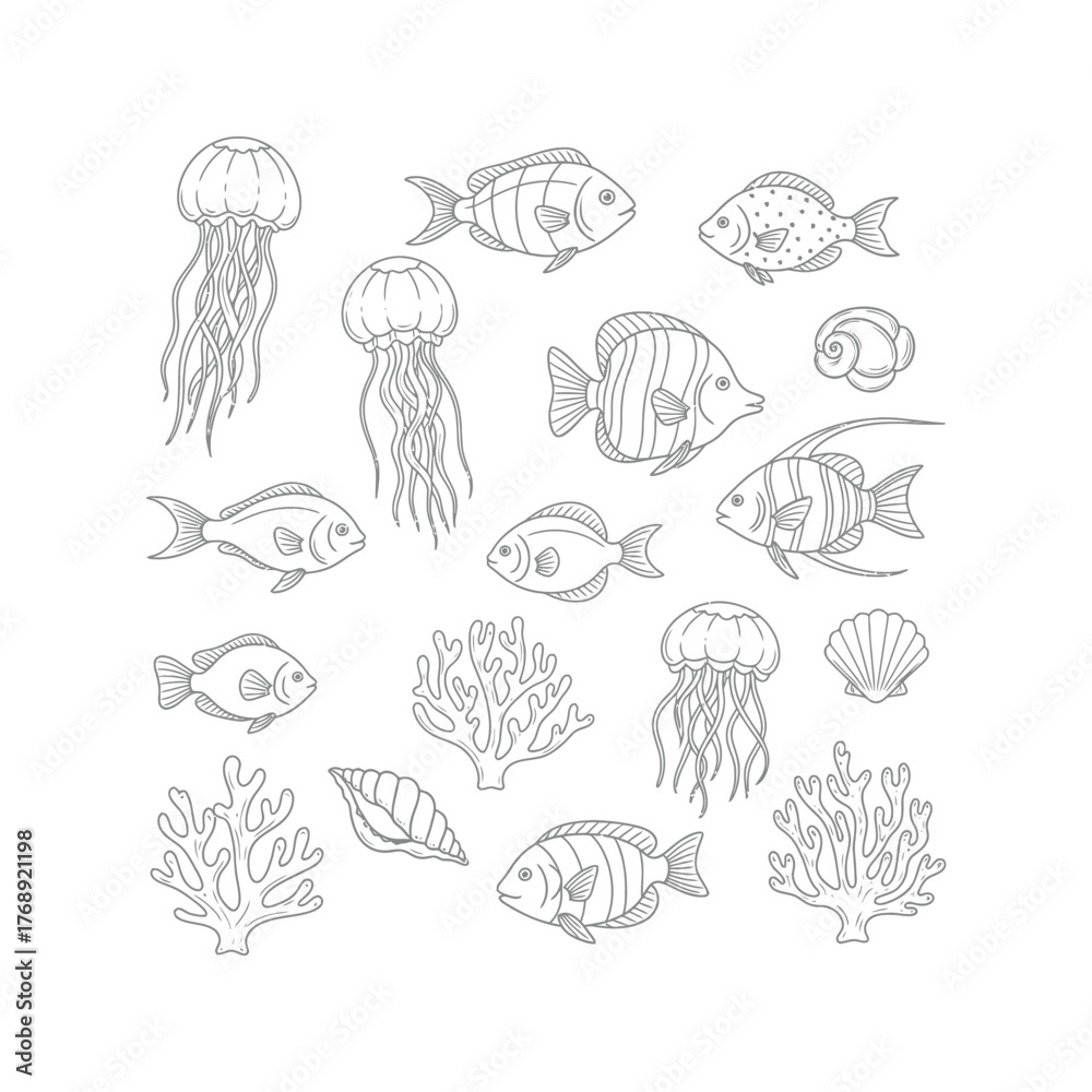 Fototapeta premium A hand drawn vintage vector illustration of a seamless pattern set of sea animals, shells, and fish for wallpaper design