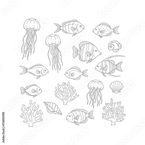 A hand drawn vintage vector illustration of a seamless pattern set of sea animals, shells, and fish for wallpaper design