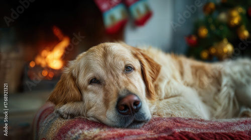 Cozy Christmas scene featuring a Golden Retriever dog relaxing in front of a fireplace