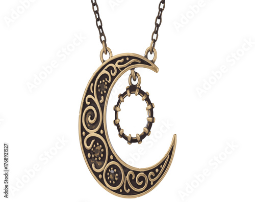 Intricate Antique Brass Crescent Moon Pendant, Adorned with Ornate Scrollwork and a Celestial Ring Charm, Elegant Mystical Jewelry for Fashion & Design Graphics