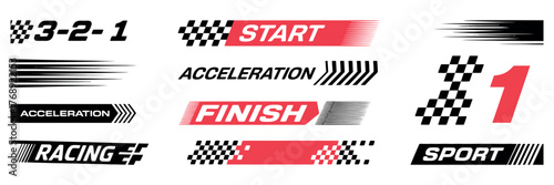 Racing cars and stripe vector set featuring checkered patterns, start and finish line flags, motocross labels, and sport decals