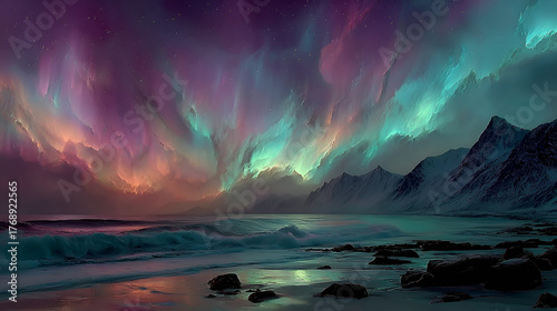 Vibrant Aurora Borealis Over Mountainous Coastline | Northern Lights in Purple & Teal


