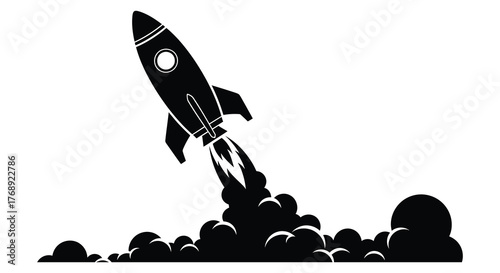 Retro style rocket ship blasting off into the sky with smoke and flames in a striking silhouette