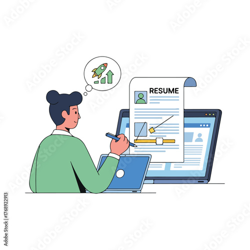 Person creating a resume on a laptop with a rocket ship thought bubble.