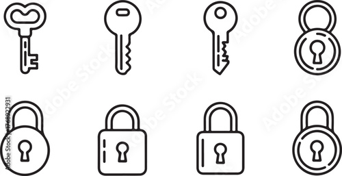 Key and Padlock Security Outline Vector Icon Set