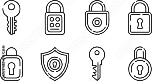 Key Padlock and Security Shield Outline Vector Icon Set