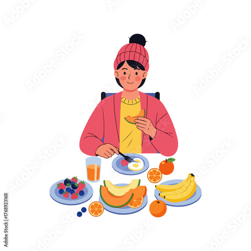 Woman eating breakfast with fruits and juice illustration.