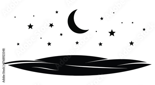 Dreamy crescent moon and scattered stars in the night sky above a soft rolling landscape silhouette