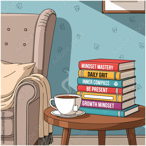 A stack of self-help books sits on a small wooden table next to a steaming cup of tea and a comfortable armchair.