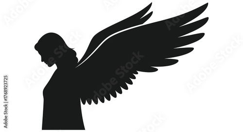 A solitary angel with large feathered wings depicted in a stark black silhouette against a white background silhouette