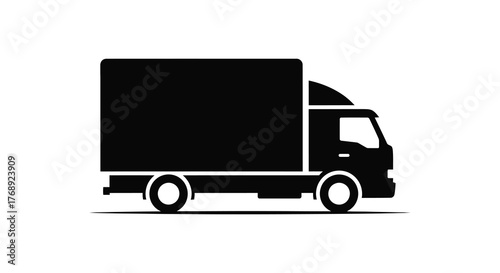 Black silhouette of a large delivery truck with a cargo box on a white background