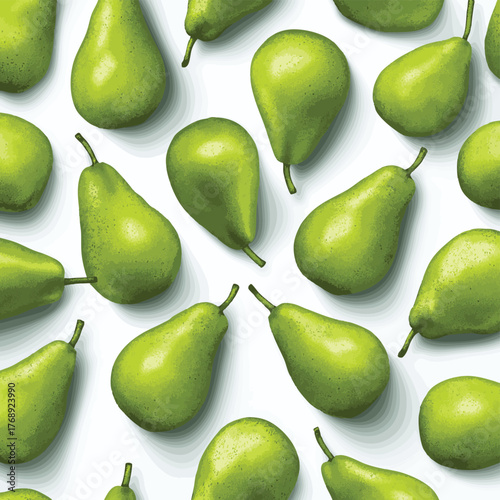A seamless pattern of many green pears on a white background.