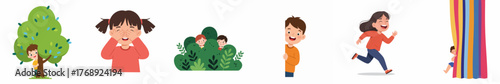 Playful Cartoon Illustration of Children Playing Hide and Seek Outdoors Scene