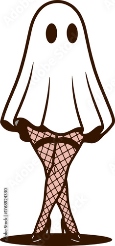 Spooky Chic Halloween Fun with Retro Cartoon Ghost in Fishnets and Heels Ready to Haunt Parties and Add a Touch of Playful Fear to Designs