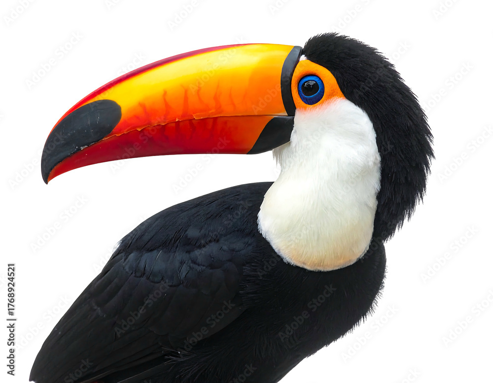 Naklejka premium Profile view of a colorful toucan bird with a large, vibrant beak set against a transparent black background