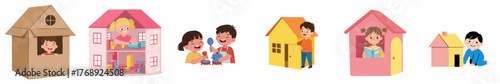Colorful Cartoon Illustration of Children Playing with Various Playhouses